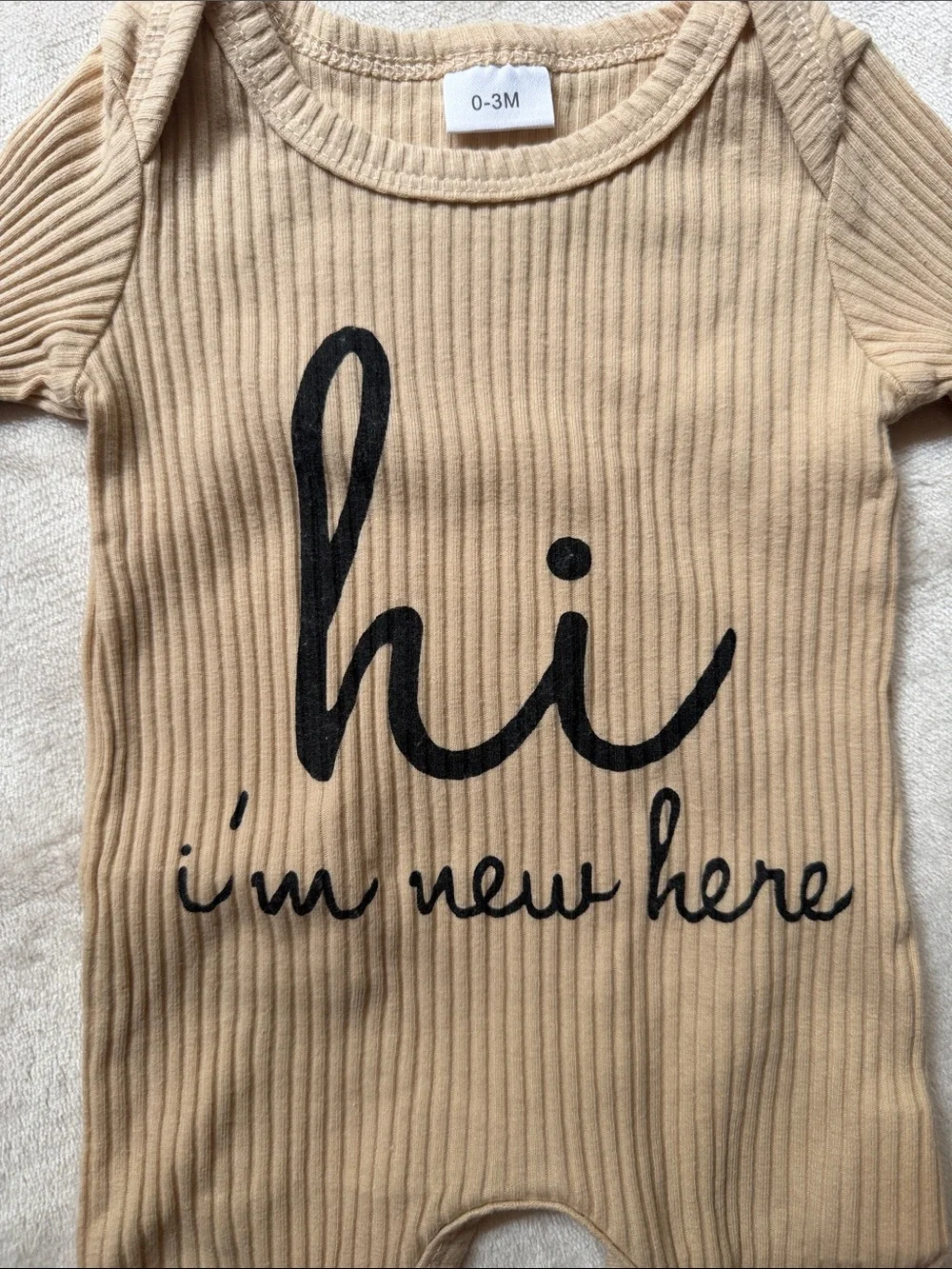 New Tan Baby Onesie Hat and Mitts- Hi I’m New Here